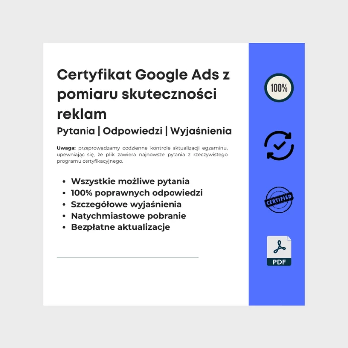 Obraz przedstawiający okładkę e-booka zatytułowanego Certyfikat Google Ads z pomiaru skuteczności reklam